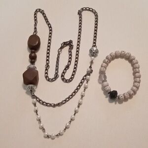 #1012. Wood, Pearl & Faux Stone Necklace And Bracelet Boho Bundle